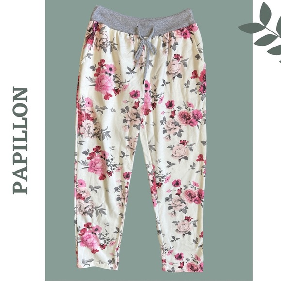Papillon Floral Jogger Pant Front Pockets Contrast Waistband Pink Grey White XS - Picture 1 of 6